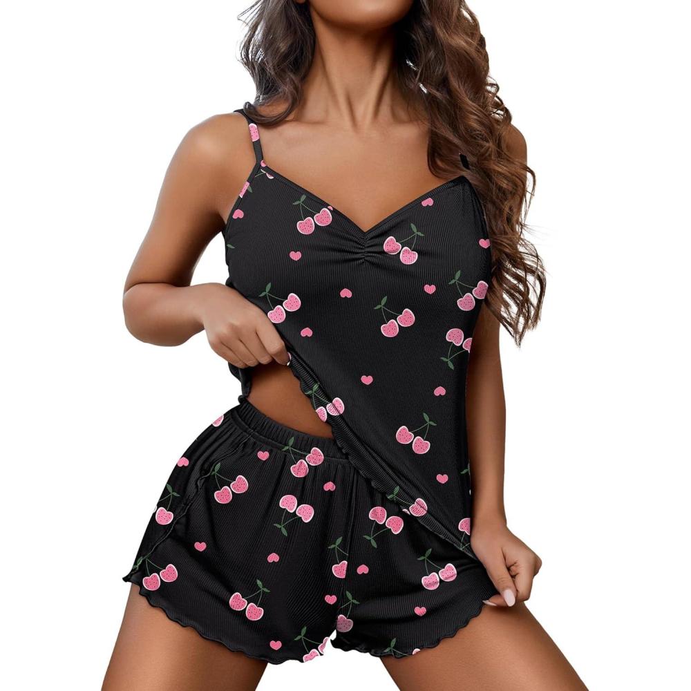 imageEkouaer Womens Cami Pajama Sets 2 Piece Ribbed Knit Lingerie Sleeveless Tank Top and Shorts Camisole Pjs SleepwearCherry Black