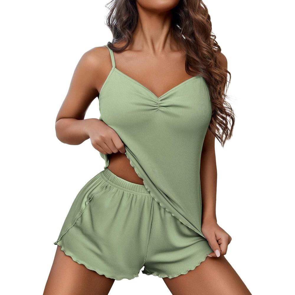 imageEkouaer Womens Cami Pajama Sets 2 Piece Ribbed Knit Lingerie Sleeveless Tank Top and Shorts Camisole Pjs SleepwearLight Green
