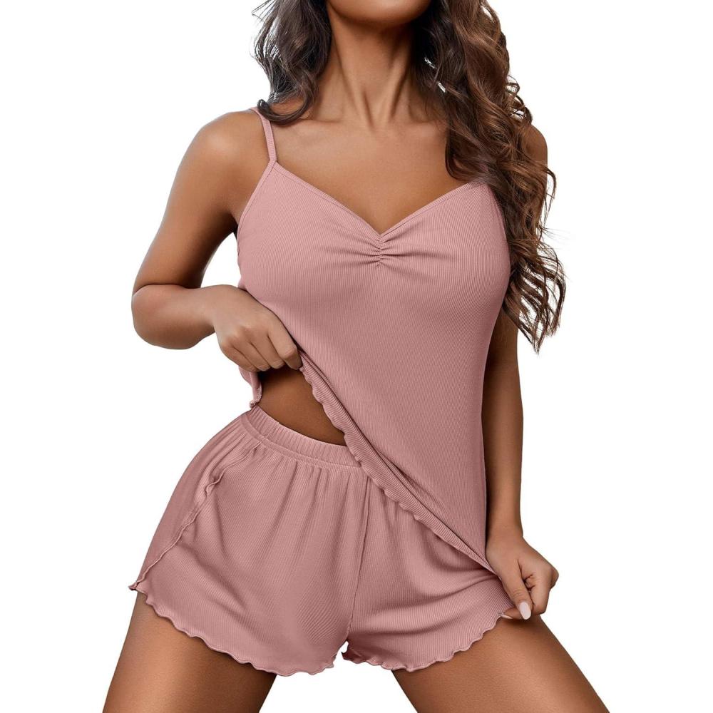 imageEkouaer Womens Cami Pajama Sets 2 Piece Ribbed Knit Lingerie Sleeveless Tank Top and Shorts Camisole Pjs SleepwearLight Pink