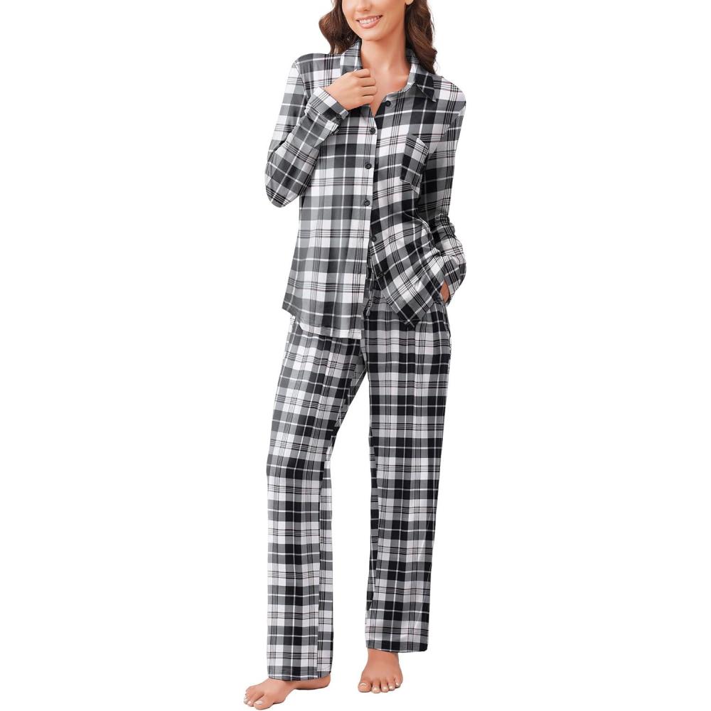 imageEkouaer Womens Pajama Sets Button Down Pjs Sets Soft Long Sleeve Sleepwear Button Up Loungewear with Pockets SXXLBlack and Grey Plaid