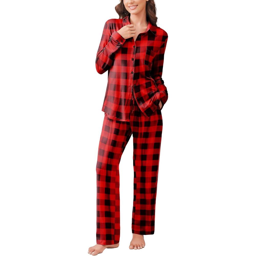 imageEkouaer Womens Pajama Sets Button Down Pjs Sets Soft Long Sleeve Sleepwear Button Up Loungewear with Pockets SXXLBlack and Red Plaid