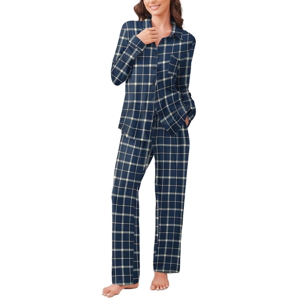 imageEkouaer Womens Pajama Sets Button Down Pjs Sets Soft Long Sleeve Sleepwear Button Up Loungewear with Pockets SXXLBlue and Black Plaid
