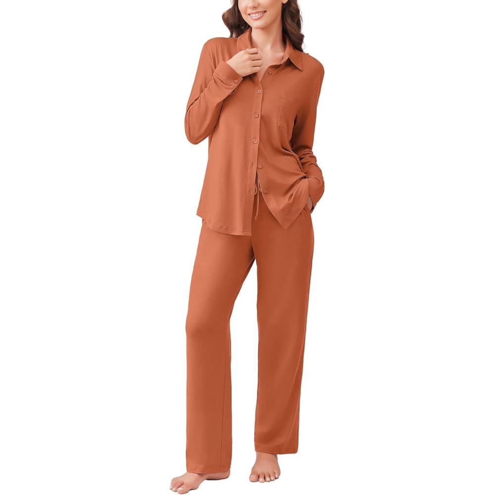 imageEkouaer Womens Pajama Sets Button Down Pjs Sets Soft Long Sleeve Sleepwear Button Up Loungewear with Pockets SXXLCaramel Colour