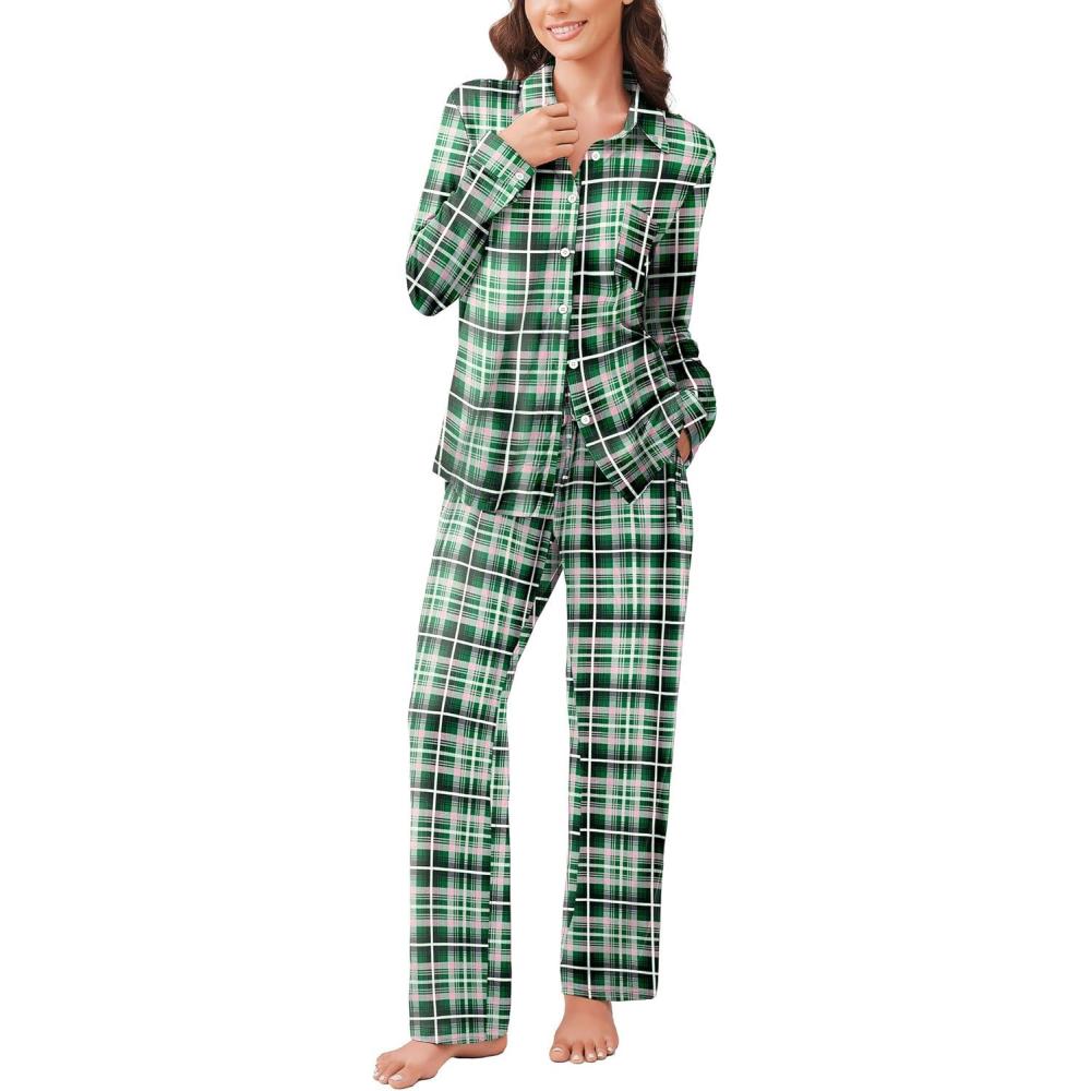 imageEkouaer Womens Pajama Sets Button Down Pjs Sets Soft Long Sleeve Sleepwear Button Up Loungewear with Pockets SXXLPink and Green Plaid