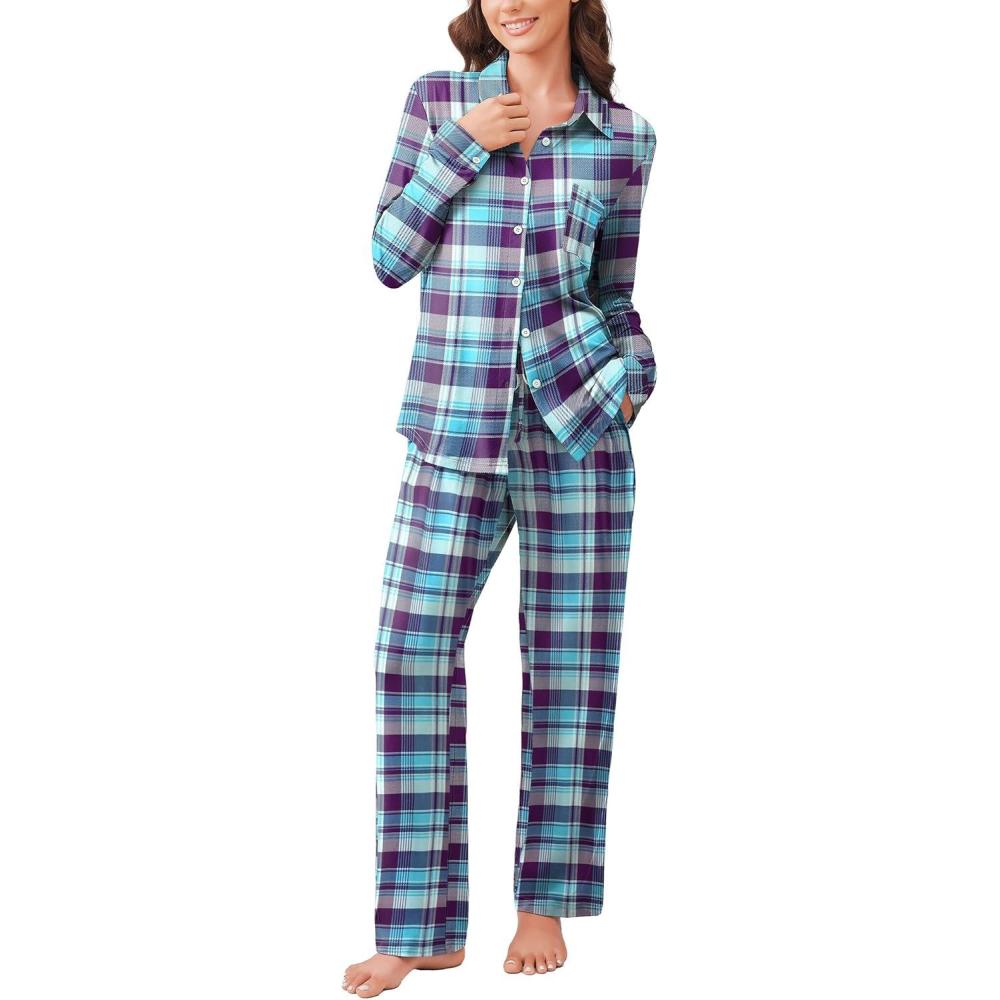imageEkouaer Womens Pajama Sets Button Down Pjs Sets Soft Long Sleeve Sleepwear Button Up Loungewear with Pockets SXXLPurple and Blue Plaid