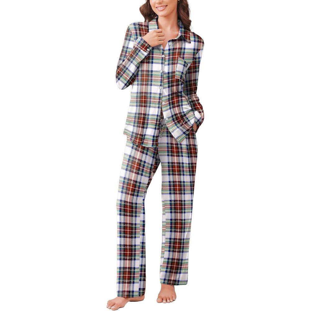 imageEkouaer Womens Pajama Sets Button Down Pjs Sets Soft Long Sleeve Sleepwear Button Up Loungewear with Pockets SXXLRed and Blue Plaid