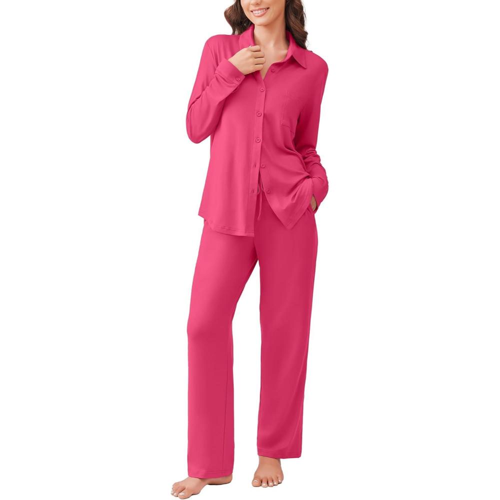 imageEkouaer Womens Pajama Sets Button Down Pjs Sets Soft Long Sleeve Sleepwear Button Up Loungewear with Pockets SXXLRose Red
