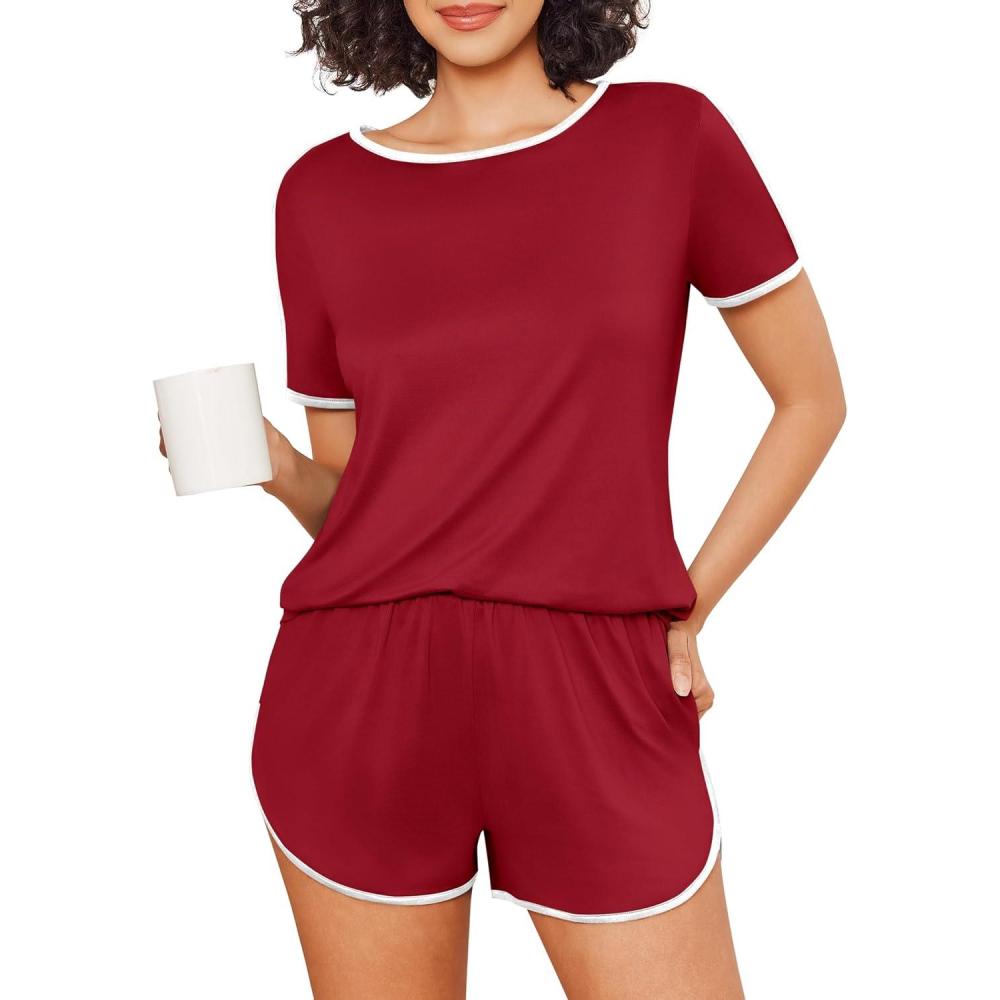 imageEkouaer Womens Pajama Sets Short Sleeve Sleepwear Soft Pjs Sets Round Neck Summer 2 Piece Lounge Set with Pockets SXXLWine Red