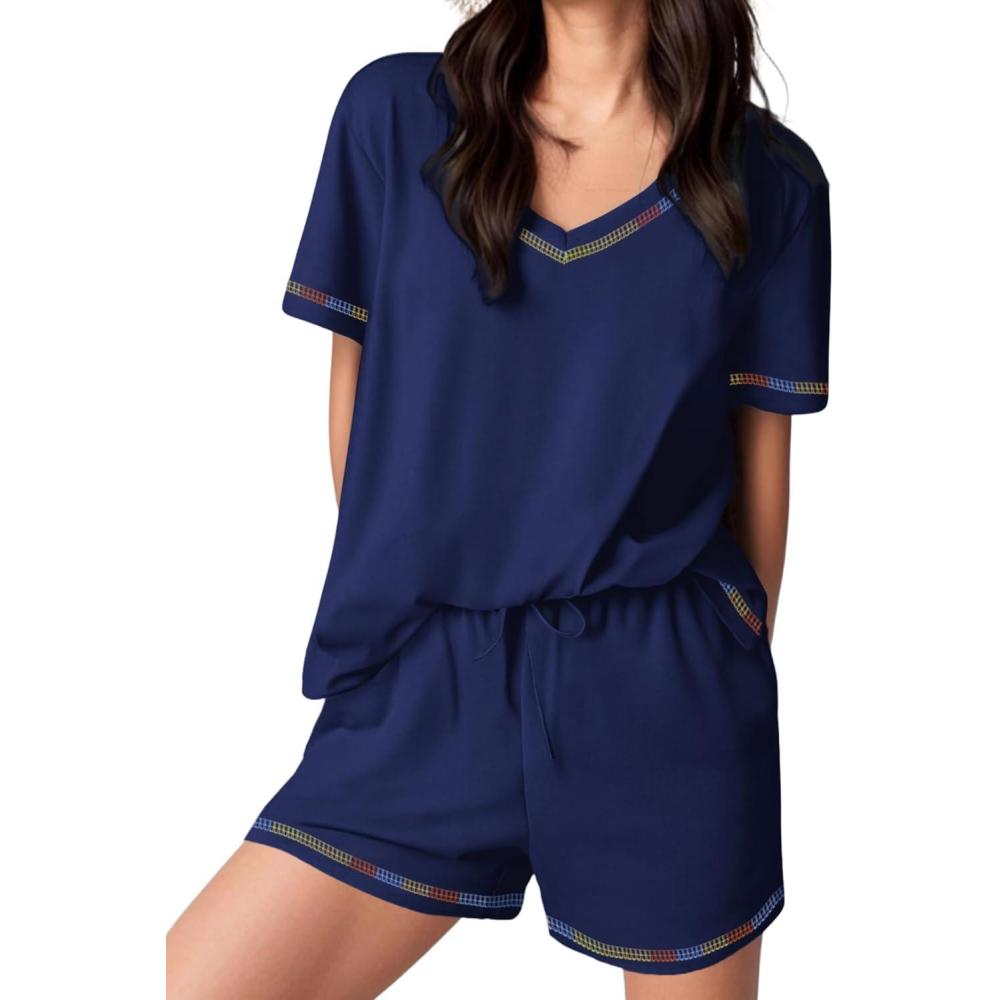 imageEkouaer Womens Pajamas Sets Soft 100 Cotton Pjs Short Sleeve Lounge Sets Casual Two Piece Pjs With PocketsNavy Blue