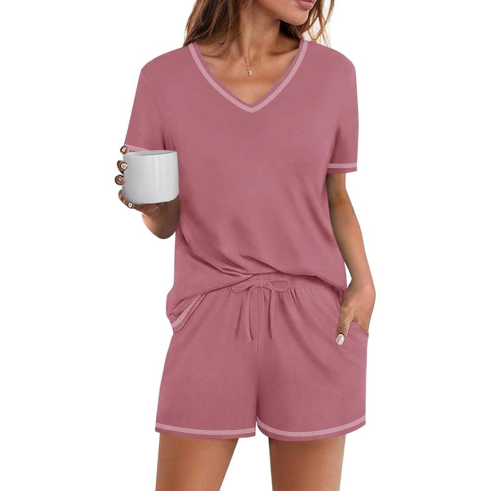 imageEkouaer Womens Pajamas Sets Soft 100 Cotton Pjs Short Sleeve Lounge Sets Casual Two Piece Pjs With PocketsRose Red