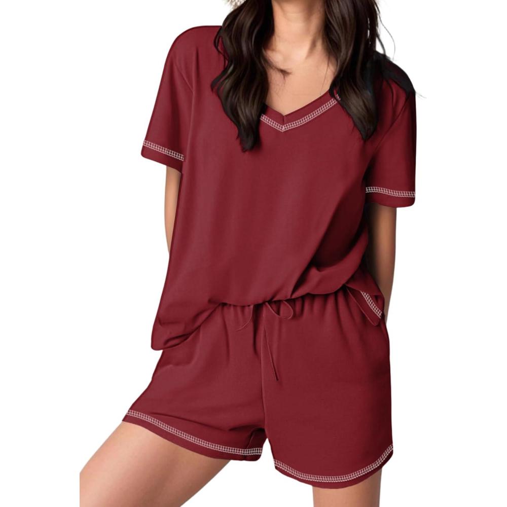 imageEkouaer Womens Pajamas Sets Soft 100 Cotton Pjs Short Sleeve Lounge Sets Casual Two Piece Pjs With PocketsWine Red