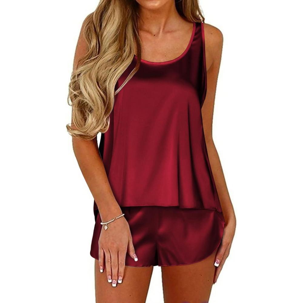 imageEkouaer Womens Satin Silk Pajamas Back Split Tank Top and Shorts Silky Pj Set Sleepwear SXXLAwine Red