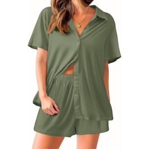Ekouaer Pajama for Women Set Short Sleeve Button Down Pajamas Sets Soft Lounge Sets for Women Sleepwear PJS(Army Green)