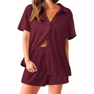 Ekouaer Pajama for Women Set Short Sleeve Button Down Pajamas Sets Soft Lounge Sets for Women Sleepwear PJS(Date Red)