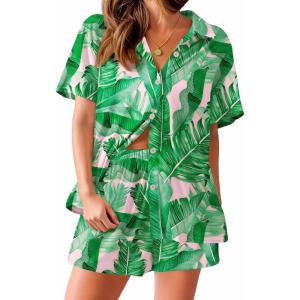 Ekouaer Pajama for Women Set Short Sleeve Button Down Pajamas Sets Soft Lounge Sets for Women Sleepwear PJS(Leaves)