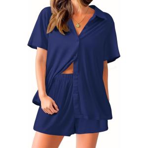 Ekouaer Pajama for Women Set Short Sleeve Button Down Pajamas Sets Soft Lounge Sets for Women Sleepwear PJS(Navy Blue)