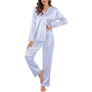 Ekouaer Silk Pajamas For Women 2 Piece Set Satin Pjs Long Sleeve Button Up Sleepwear Comfy Lounge sets(Blue Stripes)