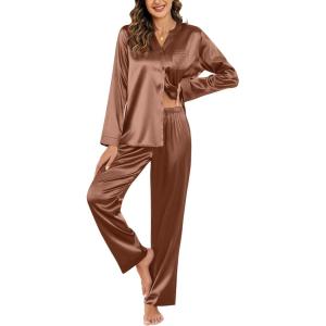 Ekouaer Silk Pajamas For Women 2 Piece Set Satin Pjs Long Sleeve Button Up Sleepwear Comfy Lounge sets(Brown)