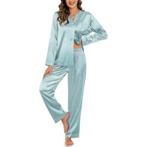 Ekouaer Silk Pajamas For Women 2 Piece Set Satin Pjs Long Sleeve Button Up Sleepwear Comfy Lounge sets(Green Striped)