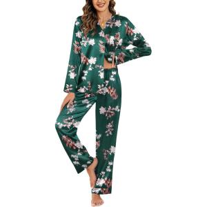 Ekouaer Silk Pajamas For Women 2 Piece Set Satin Pjs Long Sleeve Button Up Sleepwear Comfy Lounge sets(Green-flower)