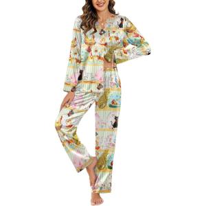 Ekouaer Silk Pajamas For Women 2 Piece Set Satin Pjs Long Sleeve Button Up Sleepwear Comfy Lounge sets(Green-stripes Animal)