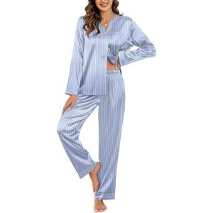 Ekouaer Silk Pajamas For Women 2 Piece Set Satin Pjs Long Sleeve Button Up Sleepwear Comfy Lounge sets(Grey Blue Striped)