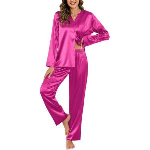 Ekouaer Silk Pajamas For Women 2 Piece Set Satin Pjs Long Sleeve Button Up Sleepwear Comfy Lounge sets(Hot Pink)