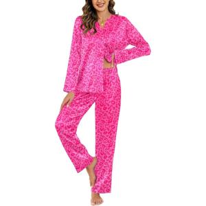 Ekouaer Silk Pajamas For Women 2 Piece Set Satin Pjs Long Sleeve Button Up Sleepwear Comfy Lounge sets(Hot Pink Leopard)