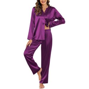 Ekouaer Silk Pajamas For Women 2 Piece Set Satin Pjs Long Sleeve Button Up Sleepwear Comfy Lounge sets(Purple)