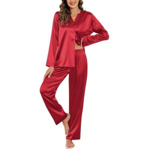 Ekouaer Silk Pajamas For Women 2 Piece Set Satin Pjs Long Sleeve Button Up Sleepwear Comfy Lounge sets(Red)