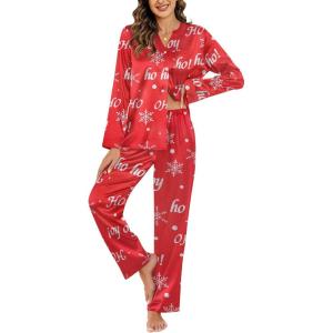 Ekouaer Silk Pajamas For Women 2 Piece Set Satin Pjs Long Sleeve Button Up Sleepwear Comfy Lounge sets(Red-christmas)