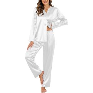 Ekouaer Silk Pajamas For Women 2 Piece Set Satin Pjs Long Sleeve Button Up Sleepwear Comfy Lounge sets(White)
