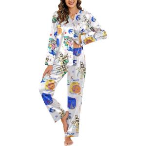 Ekouaer Silk Pajamas For Women 2 Piece Set Satin Pjs Long Sleeve Button Up Sleepwear Comfy Lounge sets(White Abstract Doodle)