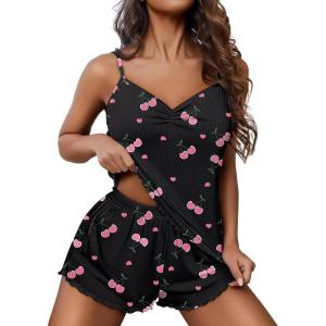 Ekouaer Womens Cami Pajama Sets 2 Piece Ribbed Knit Lingerie Sleeveless Tank Top and Shorts Camisole Pjs Sleepwear(Cherry Black)