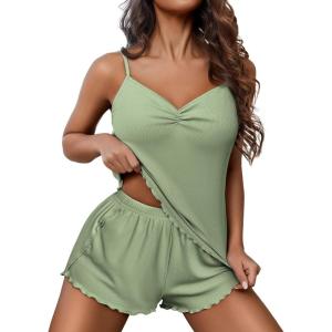 Ekouaer Womens Cami Pajama Sets 2 Piece Ribbed Knit Lingerie Sleeveless Tank Top and Shorts Camisole Pjs Sleepwear(Light Green)