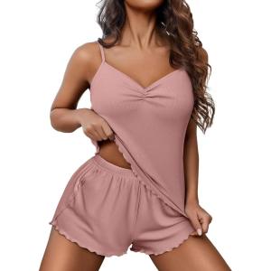 Ekouaer Womens Cami Pajama Sets 2 Piece Ribbed Knit Lingerie Sleeveless Tank Top and Shorts Camisole Pjs Sleepwear(Light Pink)