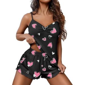 Ekouaer Womens Cami Pajama Sets 2 Piece Ribbed Knit Lingerie Sleeveless Tank Top and Shorts Camisole Pjs Sleepwear(Pink Hearts Print)