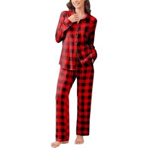 Ekouaer Womens Pajama Sets Button Down Pjs Sets Soft Long Sleeve Sleepwear Button Up Loungewear with Pockets, S-XXL(Black and Red Plaid)