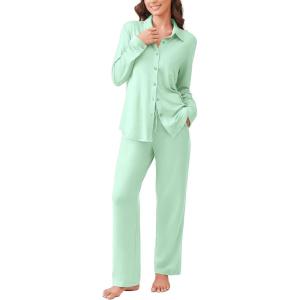 Ekouaer Womens Pajama Sets Button Down Pjs Sets Soft Long Sleeve Sleepwear Button Up Loungewear with Pockets, S-XXL(Light Green)