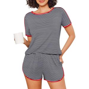 Ekouaer Womens Pajama Sets Short Sleeve Sleepwear Soft Pjs Sets Round Neck Summer 2 Piece Lounge Set with Pockets S-XXL(Black Stripe)