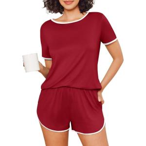 Ekouaer Womens Pajama Sets Short Sleeve Sleepwear Soft Pjs Sets Round Neck Summer 2 Piece Lounge Set with Pockets S-XXL(Wine Red)