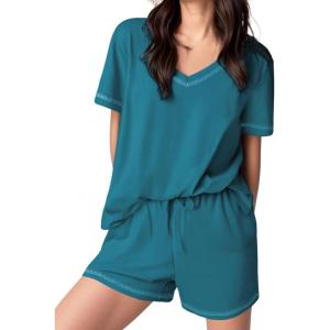 Ekouaer Womens Pajamas Sets Soft 100% Cotton Pjs Short Sleeve Lounge Sets Casual Two Piece Pjs With Pockets(Blue Green)