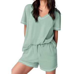 Ekouaer Womens Pajamas Sets Soft 100% Cotton Pjs Short Sleeve Lounge Sets Casual Two Piece Pjs With Pockets(Ice Green)