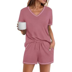 Ekouaer Womens Pajamas Sets Soft 100% Cotton Pjs Short Sleeve Lounge Sets Casual Two Piece Pjs With Pockets(Rose Red)