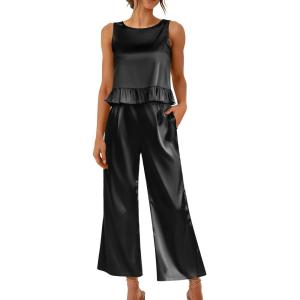 Ekouaer Womens Satin Pajamas Set 2 Piece Silk Outfits Sleeveless Tank Crop Wide Leg Pants Sleepwear with Pockets(Black)