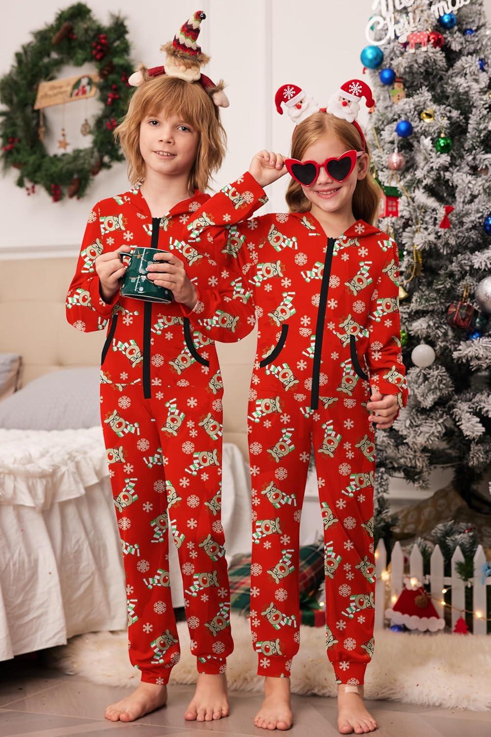 imageEkouaer Christmas Matching Family Onesie Pajamas Hoodie One Piece Pajamas Zipper Thermal Sleepwear with Pockets Family Red Elk Print M