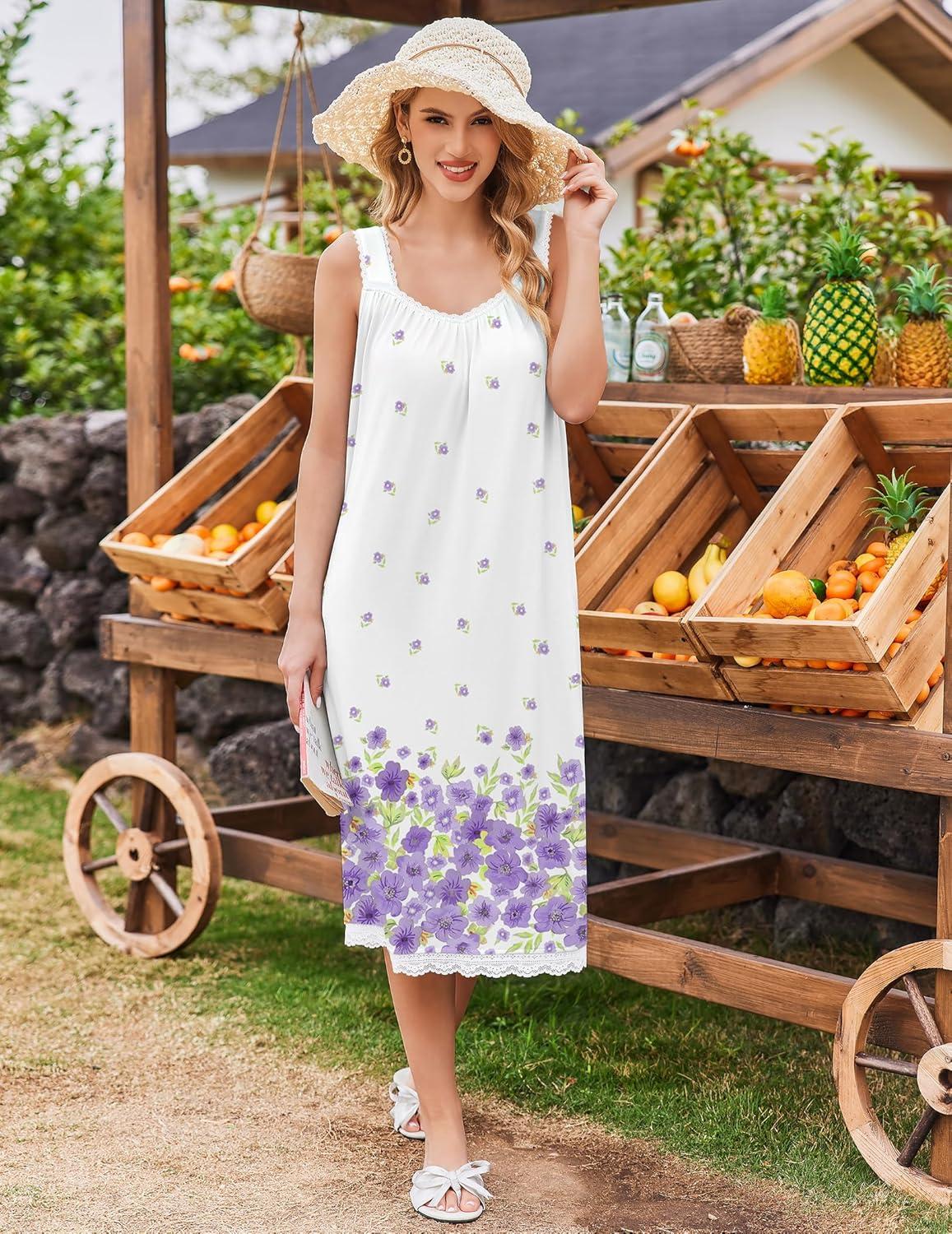 imageEkouaer Nightgowns for Women Sleeveless Night Gown Victorian Sleep Shirt with Pockets Ladies Pjs Lace Trim Sleepwear SXXLWatercolor Flowerspurple