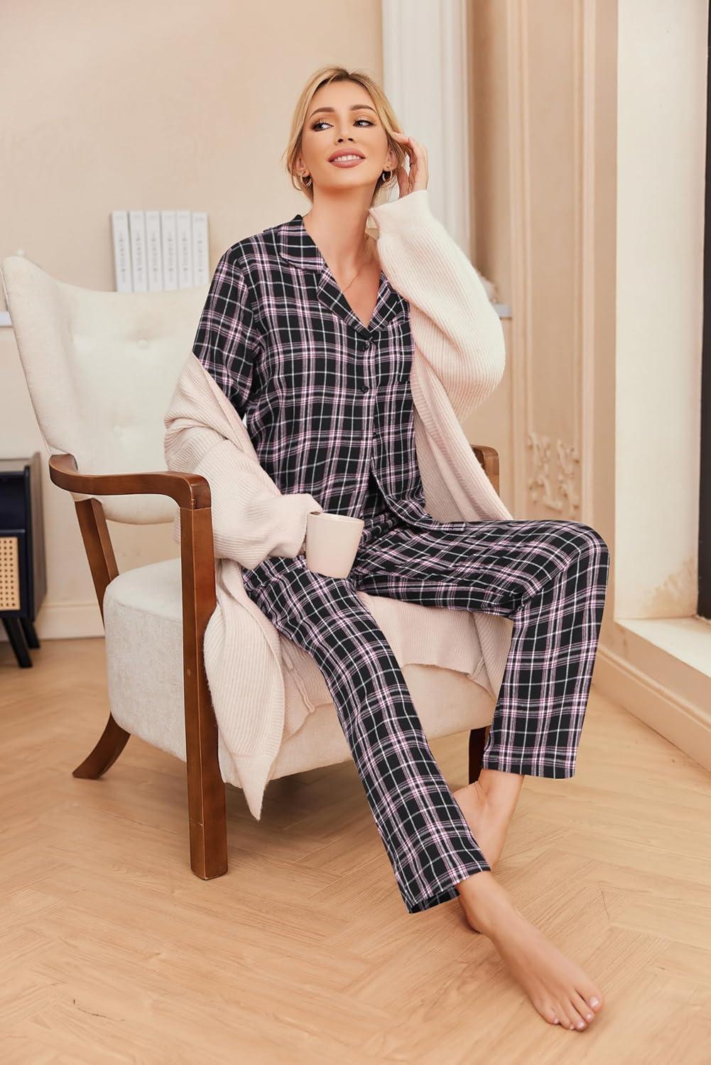 imageEkouaer Pajamas for Women 2 Piece Lounge Set Long Sleeve Plaid Sleepwear Casual 2 Piece Pjs SXXLBlack Pink Plaid