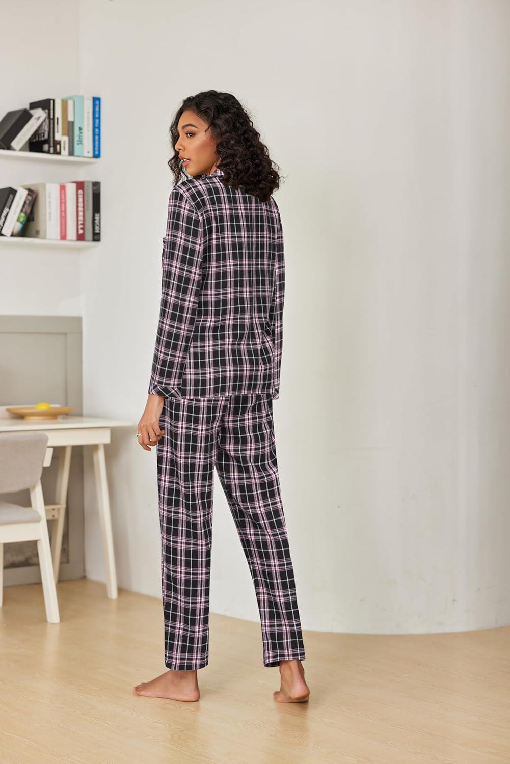 imageEkouaer Pajamas for Women 2 Piece Lounge Set Long Sleeve Plaid Sleepwear Casual 2 Piece Pjs SXXLBlack Pink Plaid