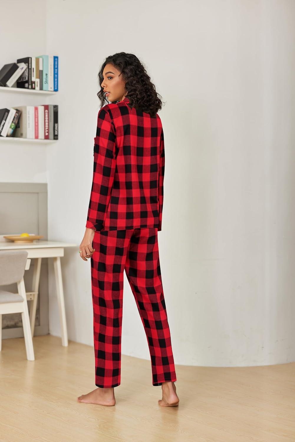imageEkouaer Pajamas for Women 2 Piece Lounge Set Long Sleeve Plaid Sleepwear Casual 2 Piece Pjs SXXLBlack Red Plaid